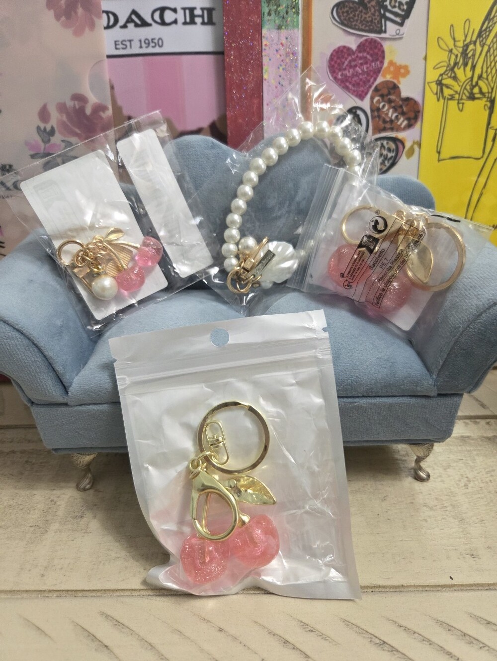 (4) Pink Cherries & Pearl Keychain/Bag Charm Set with Gold Hardware, NEW